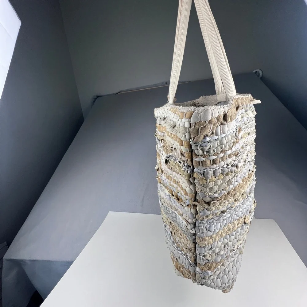 Handcrafted Upcycled Woven Tote Bag Large Neutral Boho Eco-Friendly Beach Travel
